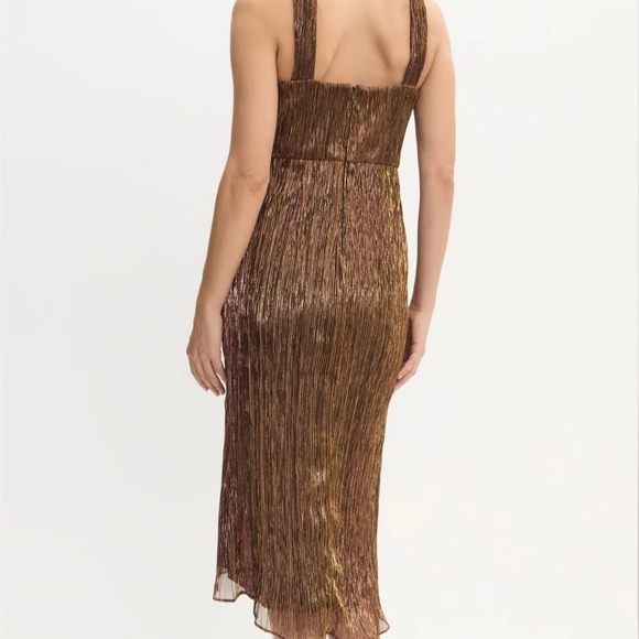 Adrianna Papell Metallic Bronze Halter Pleated Midi Dress - Picture 2 of 8